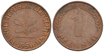 ФРГ 1 пфенниг 1950 G KM 105, J.380 сталь плакированная медью 4609-324