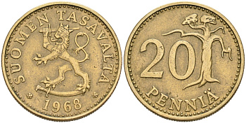 ФИНЛЯНДИЯ 20 ПЕННИ 1968 S KM 47 алюминиевая бронза 4563-314