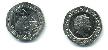 ОСТРОВ МЭН 20 ПЕНСОВ 2000 AA АББЕ KM 1040 медно-никель UNC 04-437