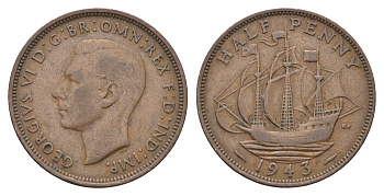 Великобритания 1/2 пенни 1943 Георг VI (1936-1952) KM 844, Spink 4115 бронза    4660-617
