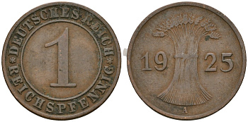 Германия 1 рейхспфенниг 1925 A KM 37, J. 313 бронза 4189-1067