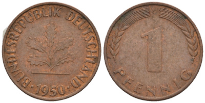 ФРГ 1 пфенниг 1950 G KM 105, J.380 сталь плакированная медью 4609-324