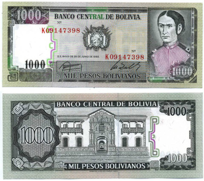 Боливия 1000 песо боливиано 1982 Хуана Асурдуй де Падилья Pick 167a (3) бумага UNC (пресс) 7214-59-1-1