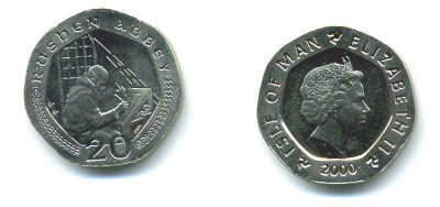 ОСТРОВ МЭН 20 ПЕНСОВ 2000 AA АББЕ KM 1040 медно-никель UNC 04-437