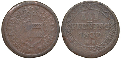 Мекленбург-Висмар 3 пфеннига 1830  AKS 93 медь    188-458