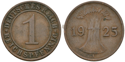 Германия 1 рейхспфенниг 1925 A KM 37, J. 313 бронза 4189-1067