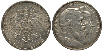Баден 5 марок 1906 золотая свадьба Фридриха I и Луизы, Weege 34, J. 35, KM 277 серебро aUNC 00-815-63
