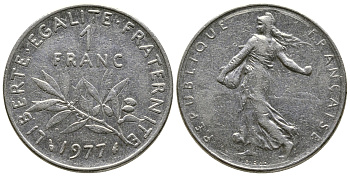 ФРАНЦИЯ 1 ФРАНК 1977 СЕЯТЕЛЬ KM 925.1, LE FRANC 226.22 никель 93-1446