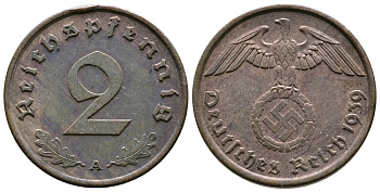 ГЕРМАНИЯ 2 РЕЙХСПФЕННИГА 1939 A KM 90, J. 362 бронза 177-134