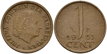 Нидерланды 1 цент 1961 Юлиана (1949-1980) KM 180 бронза    4598-219