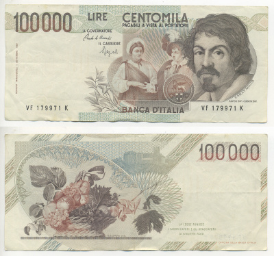Италия 100000 лир 1983 Караваджо, фруктовый букет, подпись Speziali Pick 110b бумага 7220-13-3
