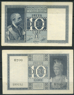 Италия 10 лир 1935 (1944) Виктор Эммануил III Pick 25 c бумага UNC (пресс) 451-1195-3