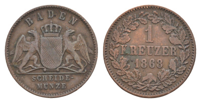 Баден 1 крейцер 1868 Фридрих I (1856-1907) KM 242 медь 4604-934