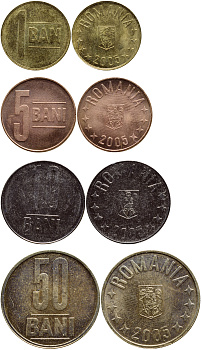 РУМЫНИЯ ЛОТ ИЗ 4 МОНЕТ 2006 (1, 5, 10, 50 БАНИ), МОНЕТНАЯ РЕФОРМА 2005 ГОДА KM 189, 190, 191, 192 UNC N4-18