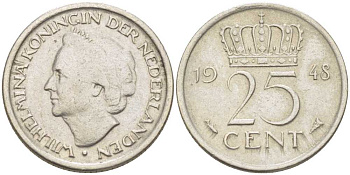 НИДЕРЛАНДЫ 25 ЦЕНТОВ 1948 ВИЛЬГЕЛЬМИНА (1890-1948) KM 177 никель 214-868