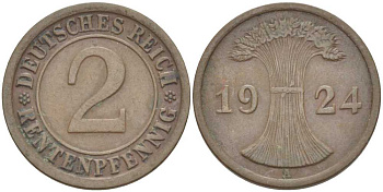 ГЕРМАНИЯ 2 РЕНТЕНПФЕННИГA 1924 A KM 31, J. 307, Weege 3 бронза 206-857