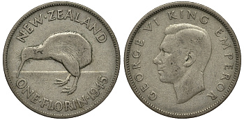 Новая Зеландия 1 флорин 1945 Георг VI (1936-1952), птичка киви KM 10.1 серебро 272-1623