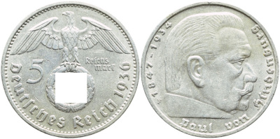 ГЕРМАНИЯ 5 РЕЙХСМАРОК 1936 F, ГИНДЕНБУРГ, СИМВОЛИКА КМ 94 J.367 серебро 37-1144