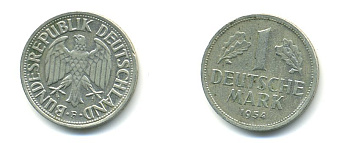 ФРГ 1 МАРКА 1954 F KM 110, J. 385 медно-никель 76-411