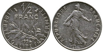 ФРАНЦИЯ 1/2 ФРАНКА 1994 KM 931.1 никель 51-4321