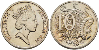 АВСТРАЛИЯ 10 ЦЕНТОВ 1986 ЕЛИЗАВЕТА II, ВТОРОЙ ПОРТРЕТ В КОРОНЕ, ПТИЦА ЛИРАХВОСТ KM 81 медно-никель UNC 4395-551