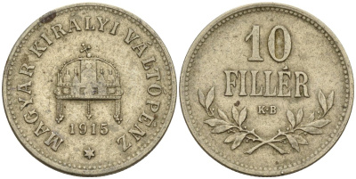 Венгрия 10 филлеров 1915 KB, Франц Иосиф I (1848-1916) KM 494 медь никель цинк 4151-1124