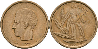 Бельгия 20 франков 1980 Belgie KM 160 никель бронза 4120-1125