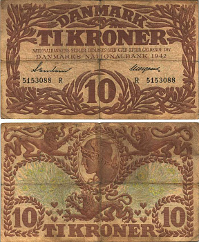 Дания 10 крон 1942 серия  R Pick 31к бумага 8589-9-3-2