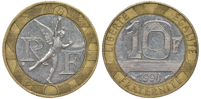 Франция 10 франков 1990 тип Гений Бастилии KM 964.1, Le Frank 375.5 биметалл 45-713
