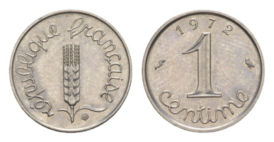 Франция 1 сантим 1972 пятая республика, редкий год, тираж - 1015000 экземпляров KM 928, Le Franc 106.22 нержавеющая сталь UNC 4630-315