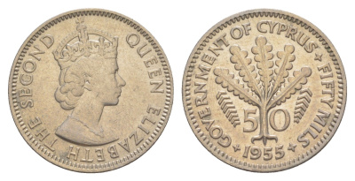 Кипр 50 милей 1955 Елизавета II (1952-2022) KM 36 медно-никель aUNC 4648-1015