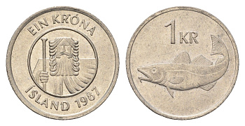Исландия 1 крона 1987 треска KM 27 медно-никель 4691-536