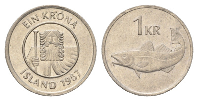 Исландия 1 крона 1987 треска KM 27 медно-никель 4691-536