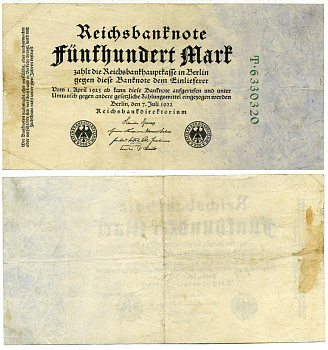 Германия 500 марок 1922 зеленая серия, 7 цифр в номере Pick 74 b бумага 3295-69-3