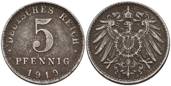 Германия 5 пфеннигов 1919 A KM 19, J. 297 железо 4151-623