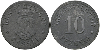 Кассель (Пруссия, Гессен-Нассау) 10 пфенингов 1917 Funck 78.4, Men05 4302.4, Men18 5464.4 железо 4175-517