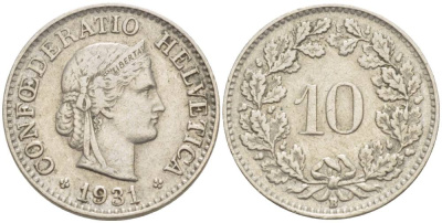 ШВЕЙЦАРИЯ 10 РАППЕНОВ 1931 В KM 27 медно-никель 216-1222
