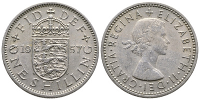 Великобритания 1 шиллинг 1957 Елизавета II (1952-2022), Английский герб KM 904, Spink 4147 медно-никель 4364-4112