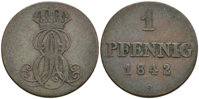 Ганновер 1 пфенниг 1842 S, Эрнст Август (1837-1851) KM 173.3, AKS 128, J. 54 медь 4608-355