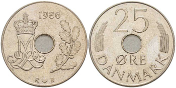 ДАНИЯ 25 ЭРЕ 1986 R; B, МАРГРЕТЕ II (1972-) KM 861.3 медно-никель 94-1021