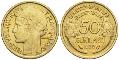 ФРАНЦИЯ 50 САНТИМОВ 1939 ТИП MORLON KM 894.1, LE FRANC 192.15 алюминиевая бронза 44-848