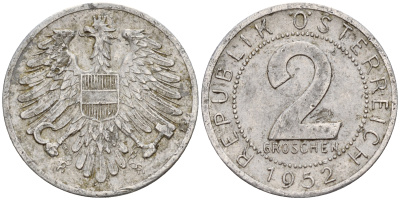 Австрия 2 гроша 1952  KM 2876 алюминий    4189-243