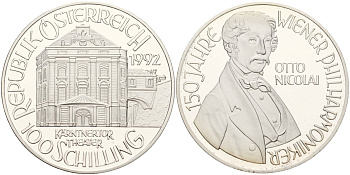 Австрия 100 шиллингов 1992 150 лет Венской филармонии - Отто Николаи, в коробке, с сертификатом подлинности KM 3005 серебро PROOF 3-4-4-10