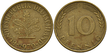 ФРГ 10 пфеннигов 1970 D J. 383, KM 108 сталь плакированная латунью    4603-344