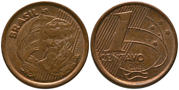 Бразилия 1 сентаво 2001 KM 647, Schon 155 сталь плакированная медью 4576-336