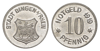 Бинген-на-Рейне 10 пфеннигов 1919 Funck 41.3, Men05 2839.1, Men18 3635.1 железо UNC 4636-827