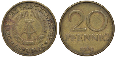 ГДР 20 пфеннигов 1969 А, первый год KM 11 латунь 62-1014