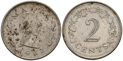 Мальта 2 цента 1982 Пентесилея, царица амазонок KM 9 медь цинк 4154-727
