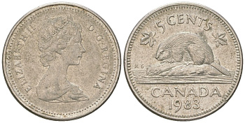 Канада 5 центов 1983 Елизавета II (1952-2022), бобр KM 60.2a медно-никель aUNC 4617-932