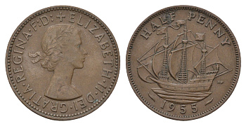 Великобритания 1/2 пенни 1955 Елизавета II (1952-2022) KM 896, Spink 4158 бронза 4675-425